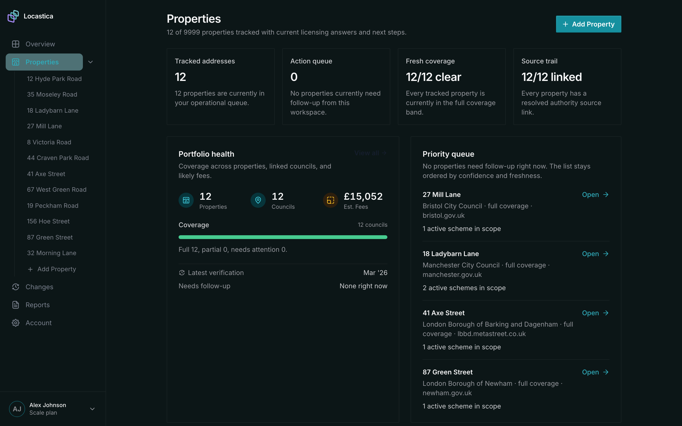 Portfolio view with coverage, queue state, fee context, and source trail