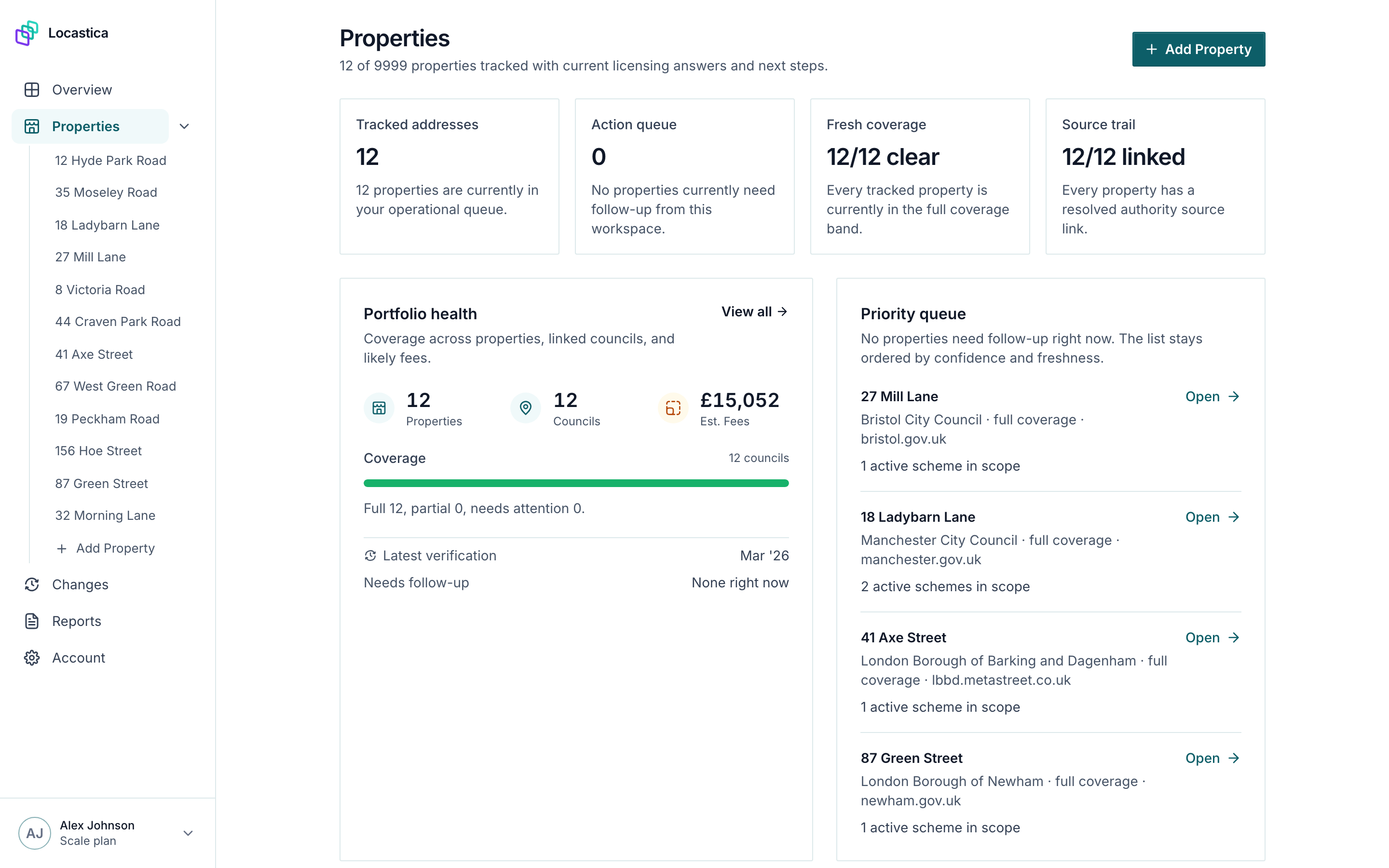 Portfolio view with coverage, queue state, fee context, and source trail