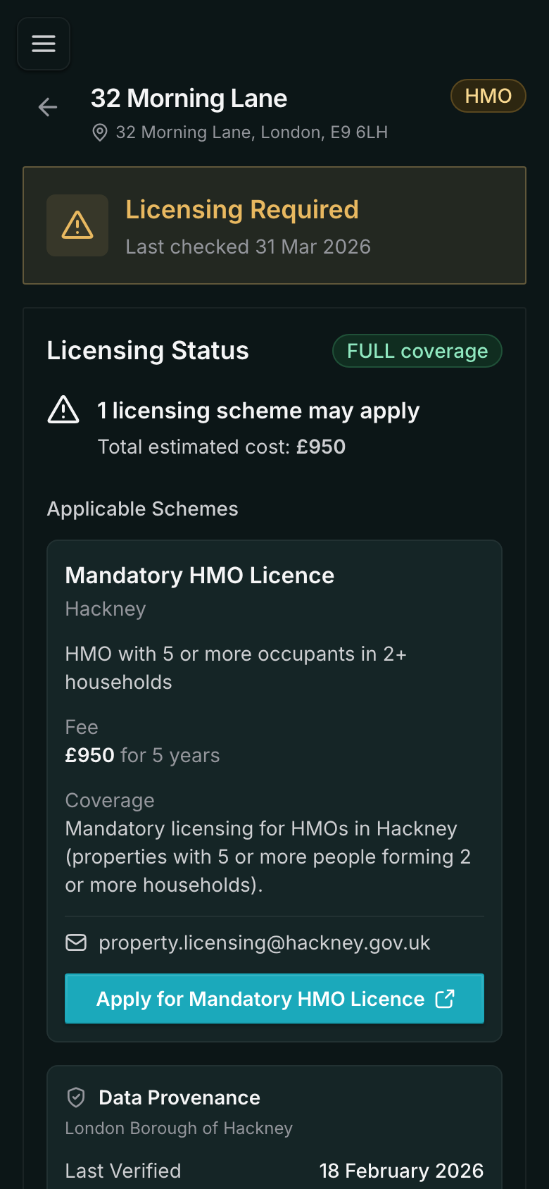 Property-level answer with fee and provenance visible