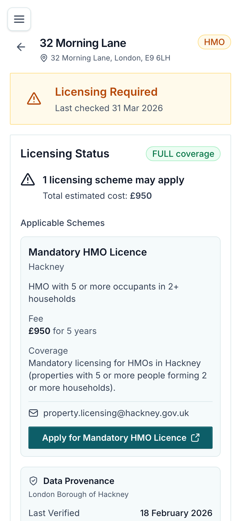 Property-level answer with fee and provenance visible